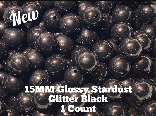 15mm DIY Silicone Beads Glossy Shiny Solids 1 Count Stardust Glitter Black