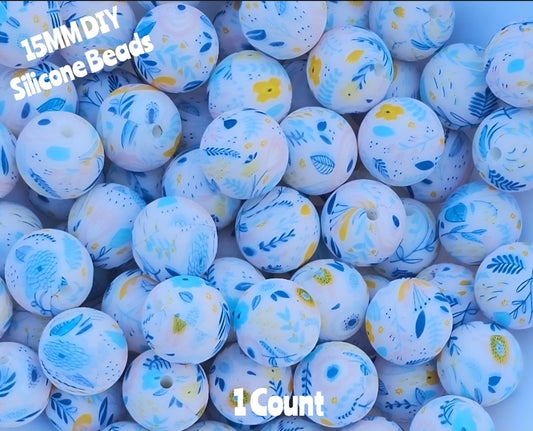 New 1 Count DIY Silicone Beads 15mm printed blue floral garden  beadable accessories