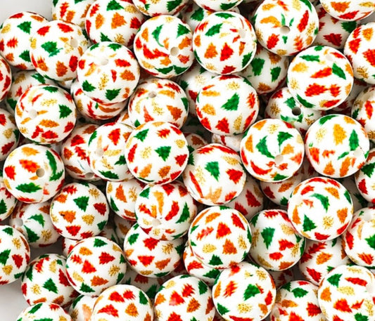New 1 Count DIY Silicone Beads 15mm printed Christmas Plaid Trees