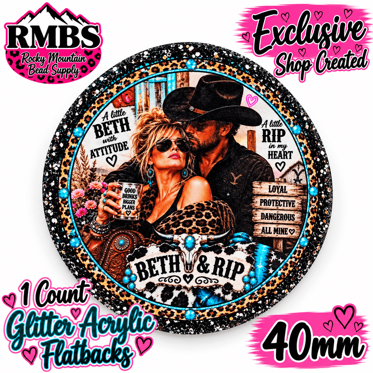 Exclusive 1 Count Custom Exclusive Glitter Acrylic Flatback 40mm BETH RIP
