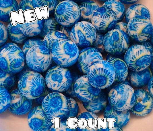 New 1 Count DIY Silicone Beads 15mm printed Blue Sea Shells