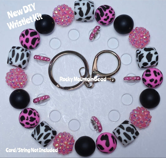 New 1 Count DIY Deluxe Beadable Wristlet Kit- Multi Pink Cow Rhinestone Beads- Beadable Accessories