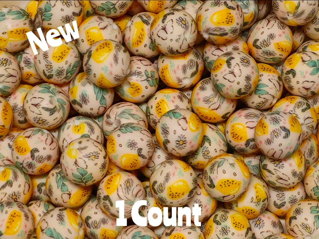New 1 Count 15mm Silicone Lemon Meadows Printed Bead
