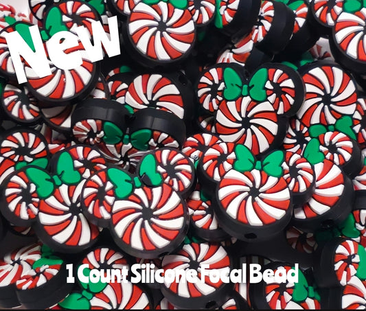 New Peppermint Swirl Mouse Ears Christmas Focal Beads 1 Count DIY Bead Supplies