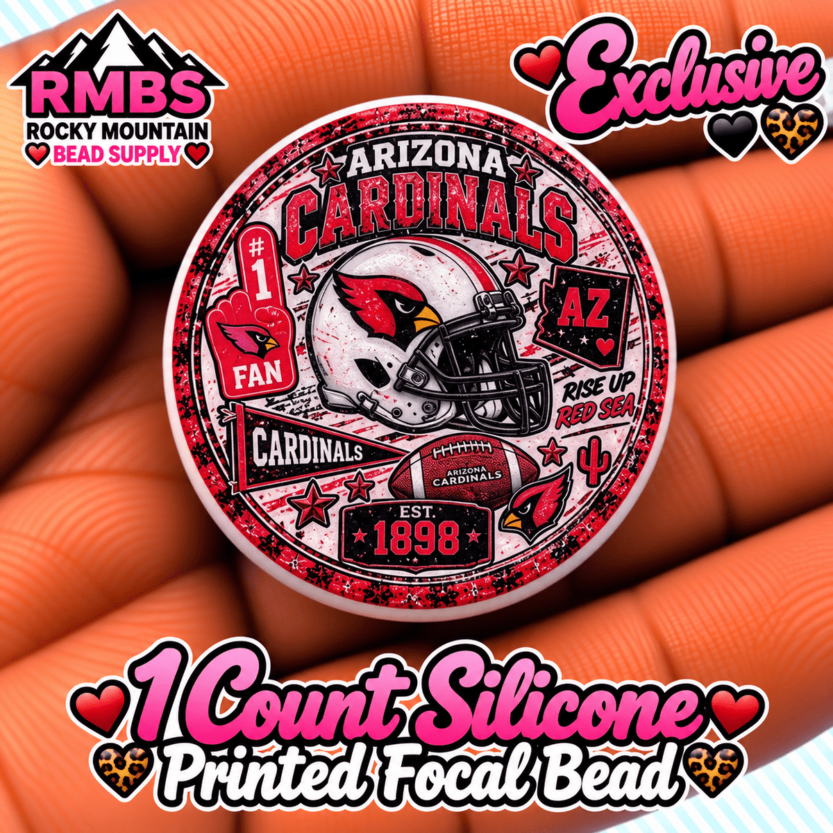NEW Exclusive 1 count PRINTED Silicone Focal Bead FOOTBALL CARDINALS