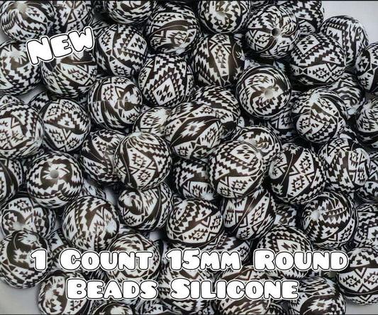 Nuevas cuentas de silicona impresas de 15 mm, 1 unidad, AZTECA NEGRO