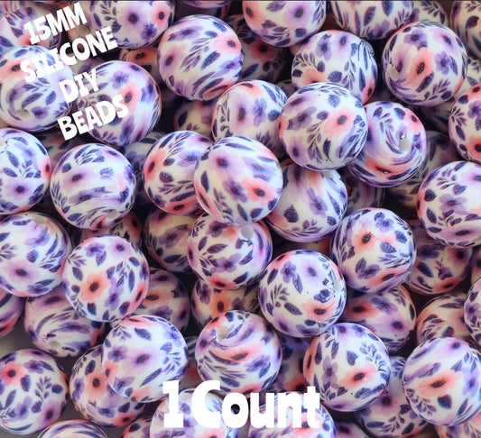 New 1 Count 15mm printed Purple Pink Meadows silicone bead