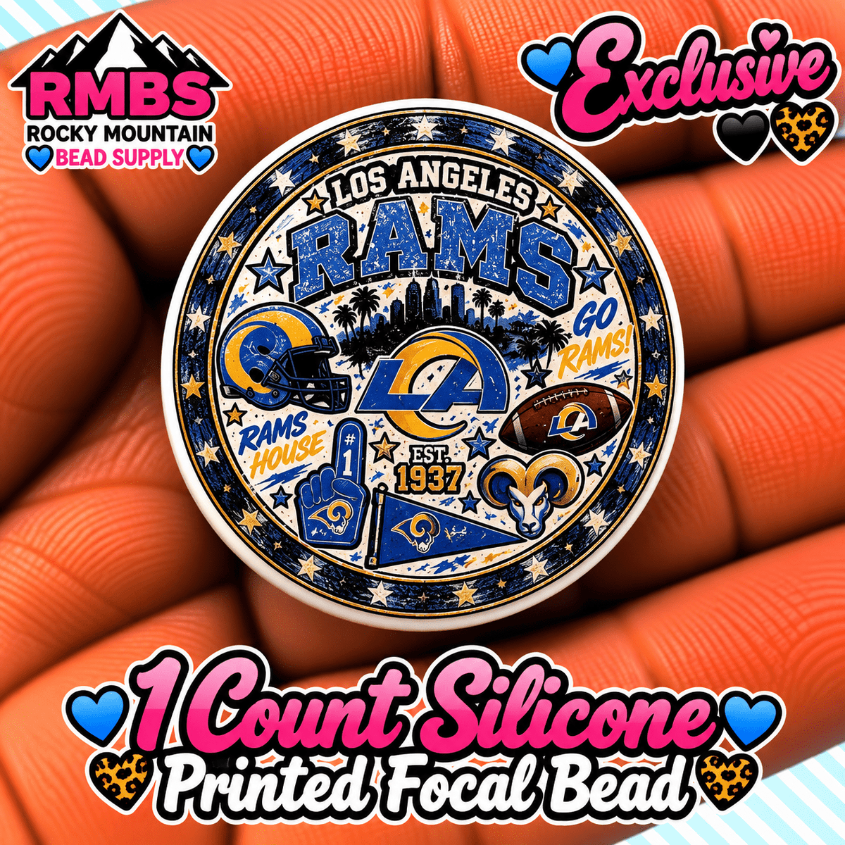 NEW Exclusive 1 count PRINTED Silicone Focal Bead FOOTBALL RAMS