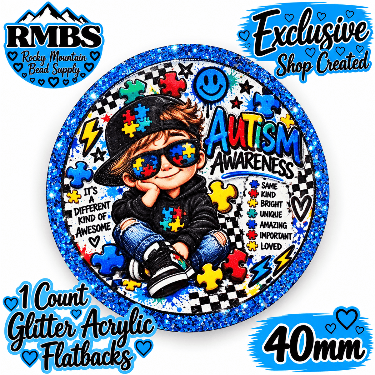 Exclusive 1 Count Custom Exclusive Glitter Acrylic Flatback 40mm AUTISM 2 BOY