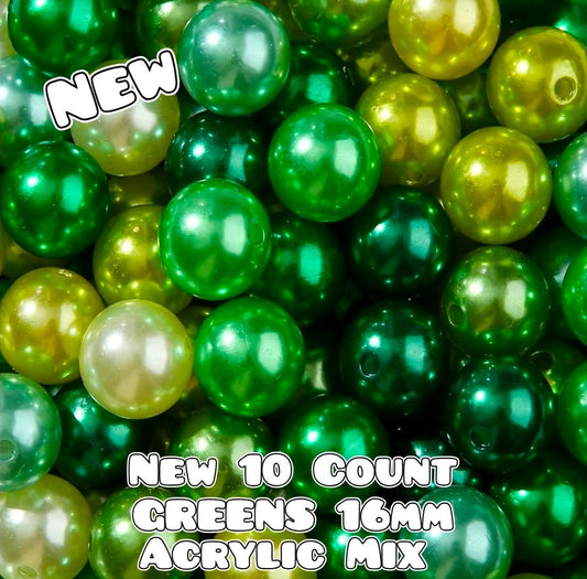 New Matte Pearl Greens ACRYLIC SHIMMER Beads Craft Supplies 16MM 10 Count MIX