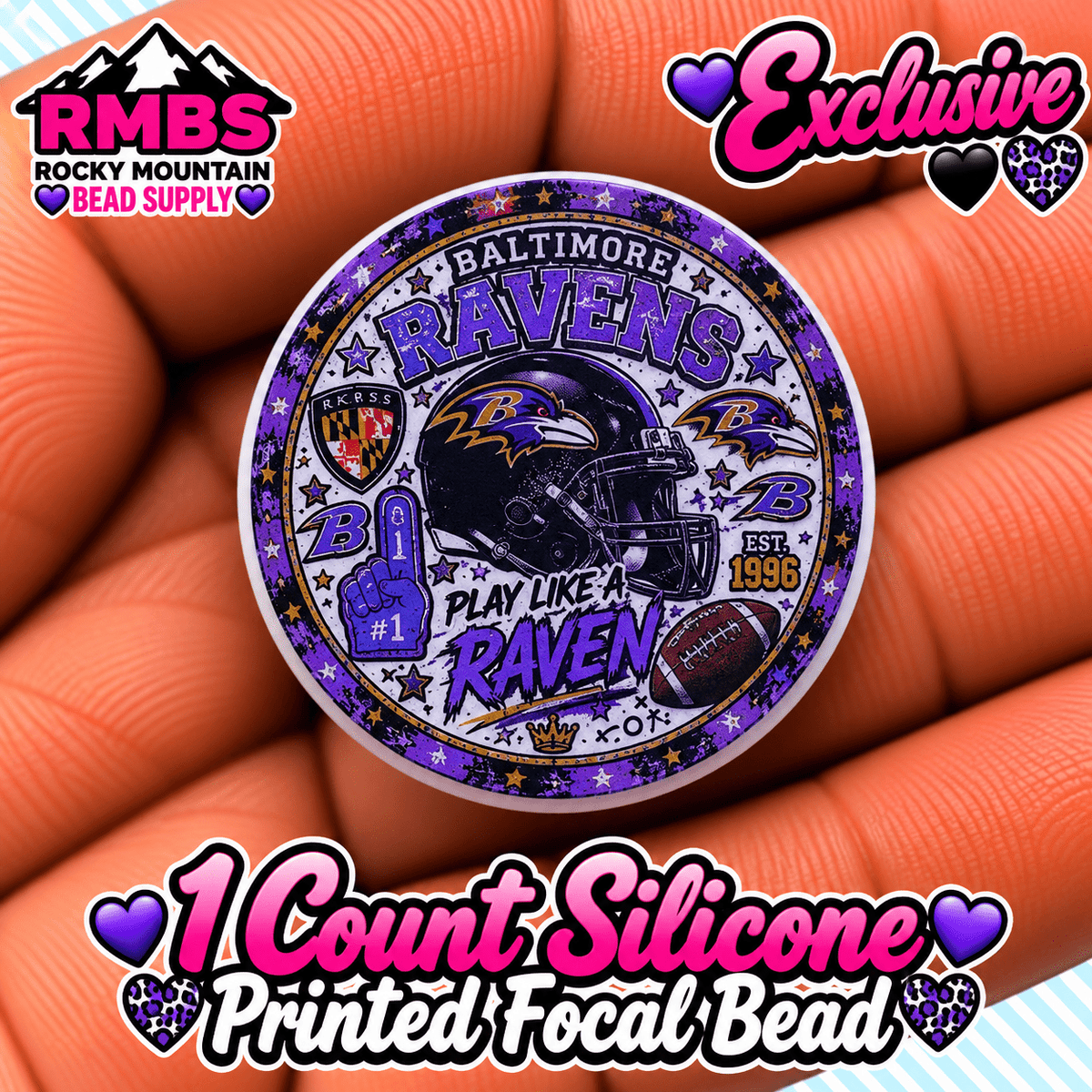NEW Exclusive 1 count PRINTED Silicone Focal Bead FOOTBALL RAVENS