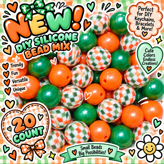 New Checkered Orange Green Bead Mix DIY Beads 20 Count. Craft Supplies