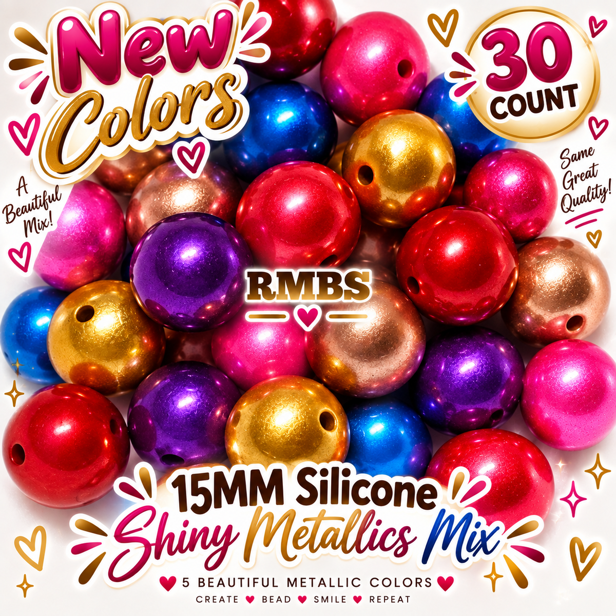 New 30 Count Solid Mettalic Shimmer 15mm Silicone Bead Mix