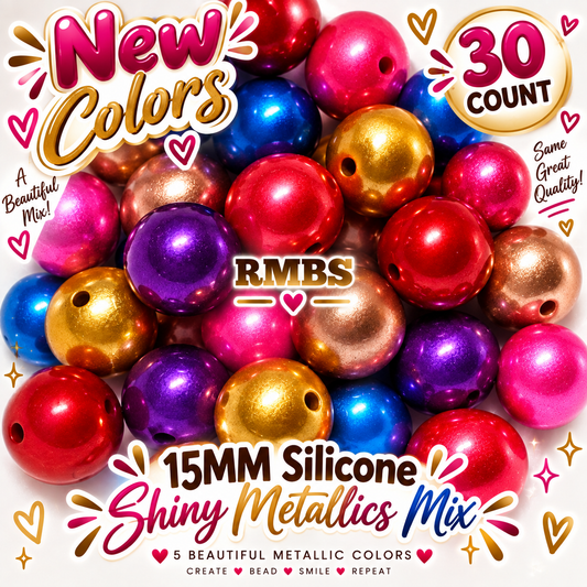 New 30 Count Solid Mettalic Shimmer 15mm Silicone Bead Mix