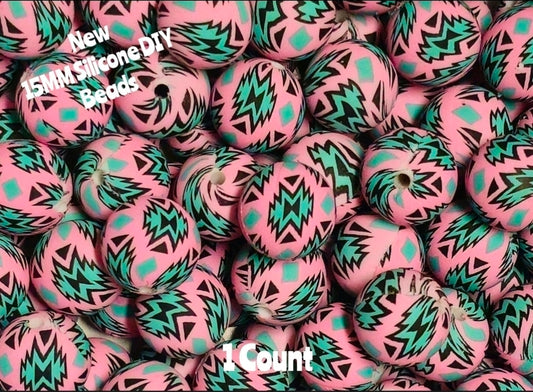 New 15mm 1 Count Pink Aztec Country printed silicone bead