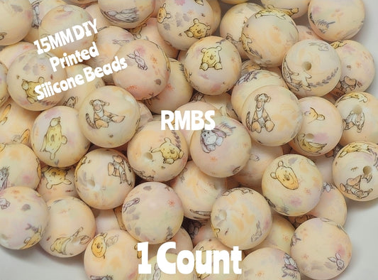 New 1 Count 15mm Printed Beads Character Winnie The POOH Vintage Beads Craft Supplies