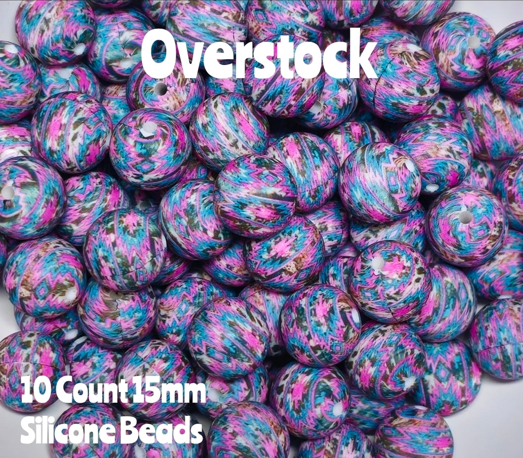 10 Count DIY 15MM Silicone Printed Beads Bead Supplies Pink Cow Aztec Makes them around .20 cents each