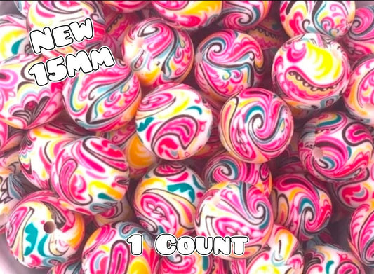 New 1 Count 15mm printed silicone bead Pink Paisley