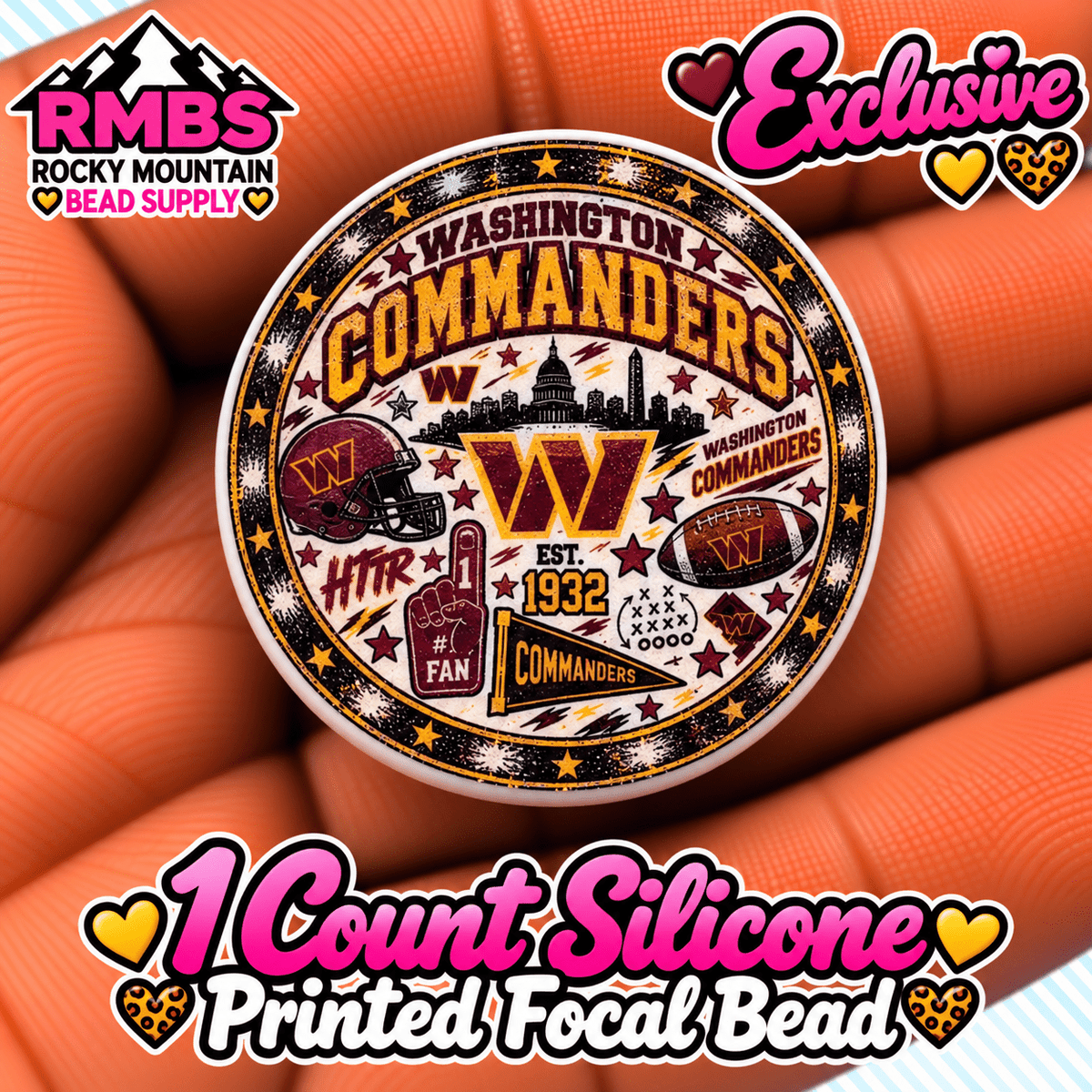 NEW Exclusive 1 count PRINTED Silicone Focal Bead FOOTBALL COMMANDERS