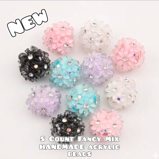 5 Count Acrylic Fancy 20mm Beads. FLOWERS Handmade Mix Of Colors