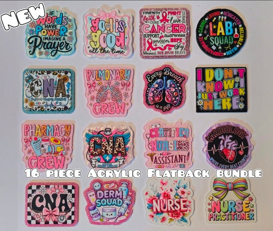16 Piece Glitter Acrylic Flatback- Acrylic Planer Resin Charm Bundle Medical Religious
