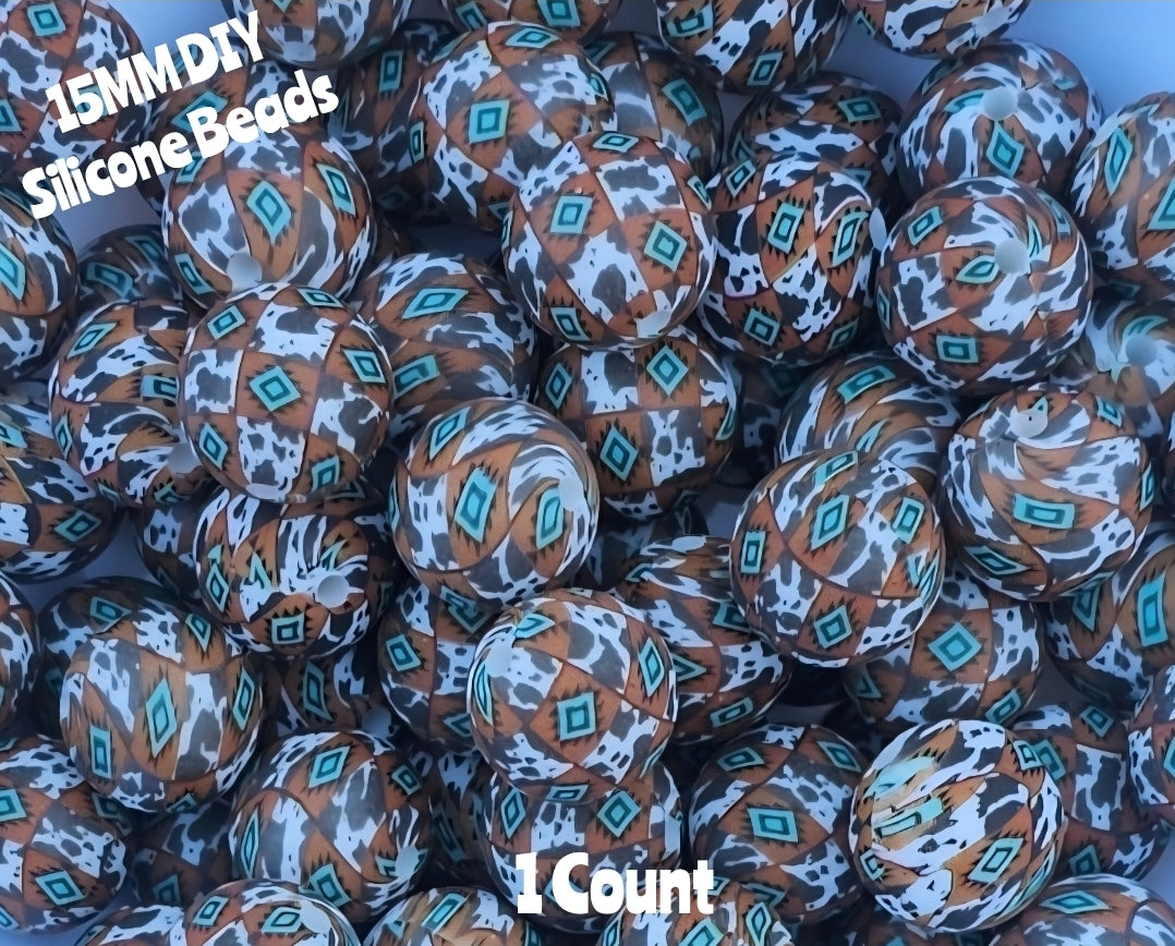 New 1 Count DIY Silicone Beads 15mm printed country cow Aztec beadable accessories