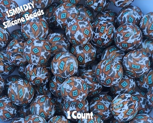 New 1 Count DIY Silicone Beads 15mm printed country cow Aztec beadable accessories