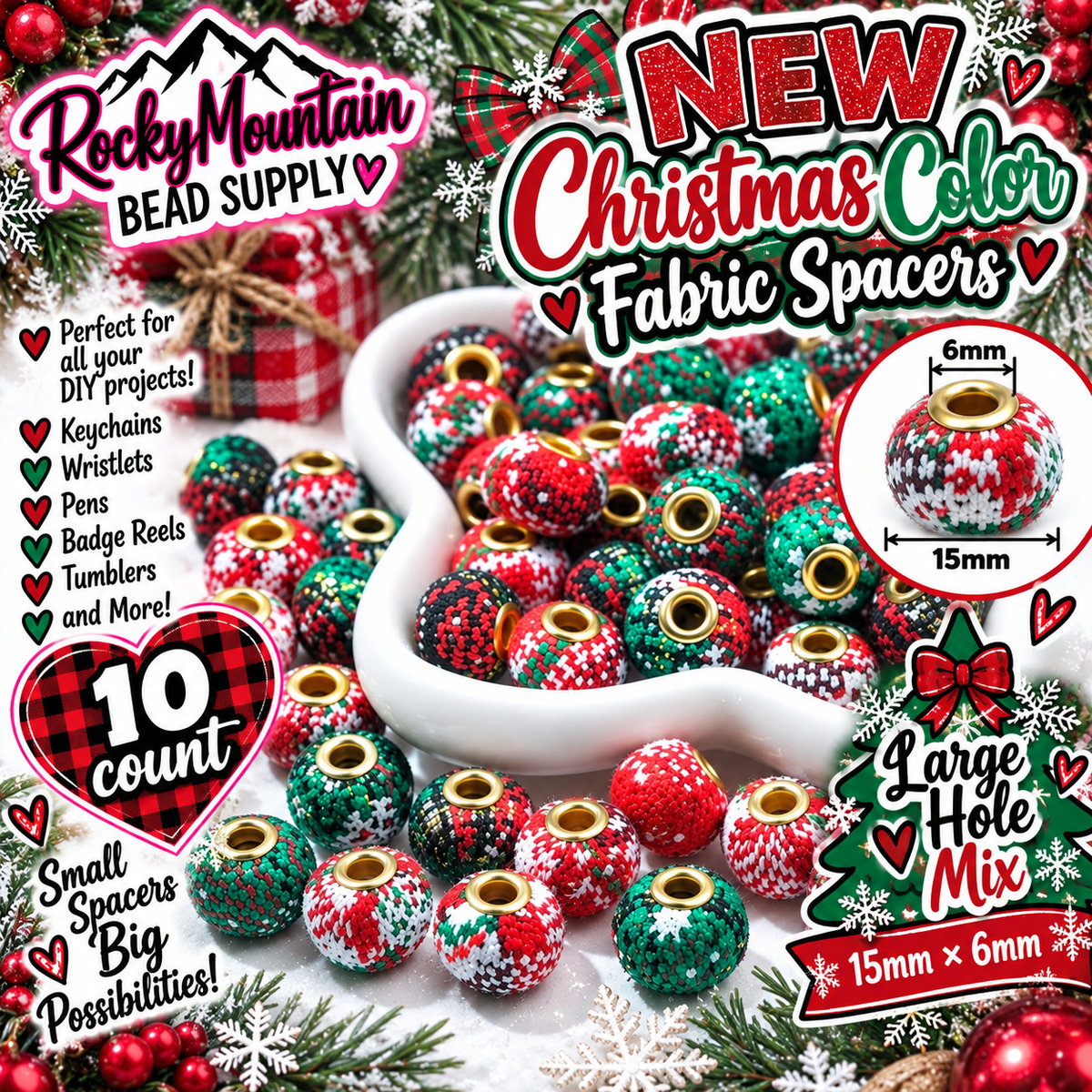 10 Count Large Hole Fabric Spacers Mix Christmas