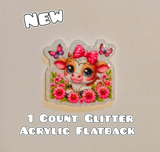 Glitter Acrylic Flatback- Acrylic Planer Resin Charm- Cow