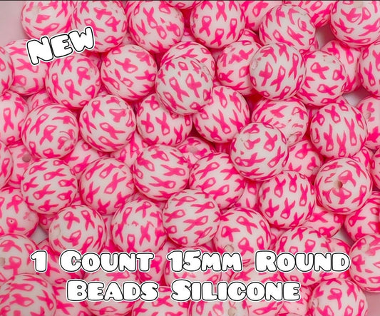 Nuevo paquete de 1 perla de silicona estampada de 15 mm CÁNCER DE MAMA