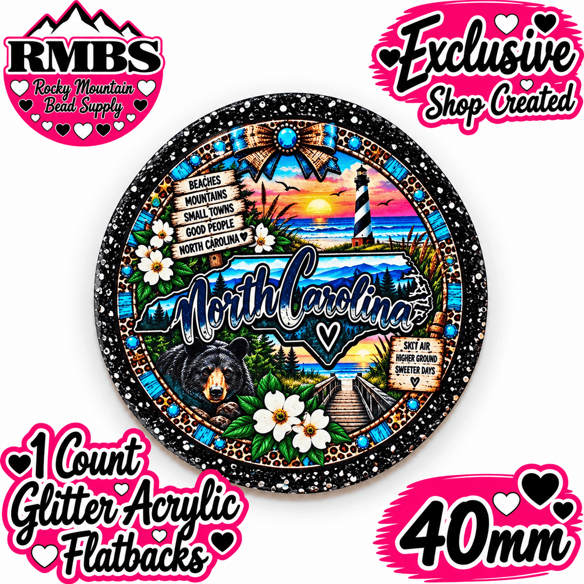 Exclusive 1 Count Custom Exclusive Glitter Acrylic Flatback 40mm STATE NORTH CAROLINA