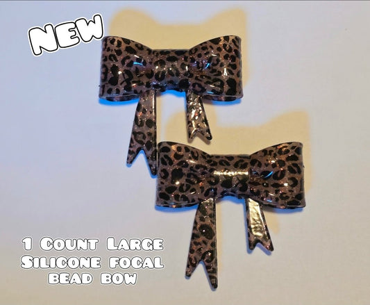 1 Count Large Silicone Printed Bow Focal Beads. Bow beadable accessories. Shimmer Glossy Finish Brown Leopard