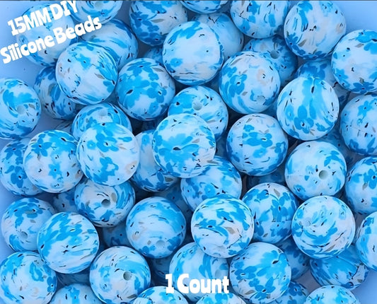 New 1 Count DIY Silicone Beads 15mm printed Blue Flowers beadable accessories