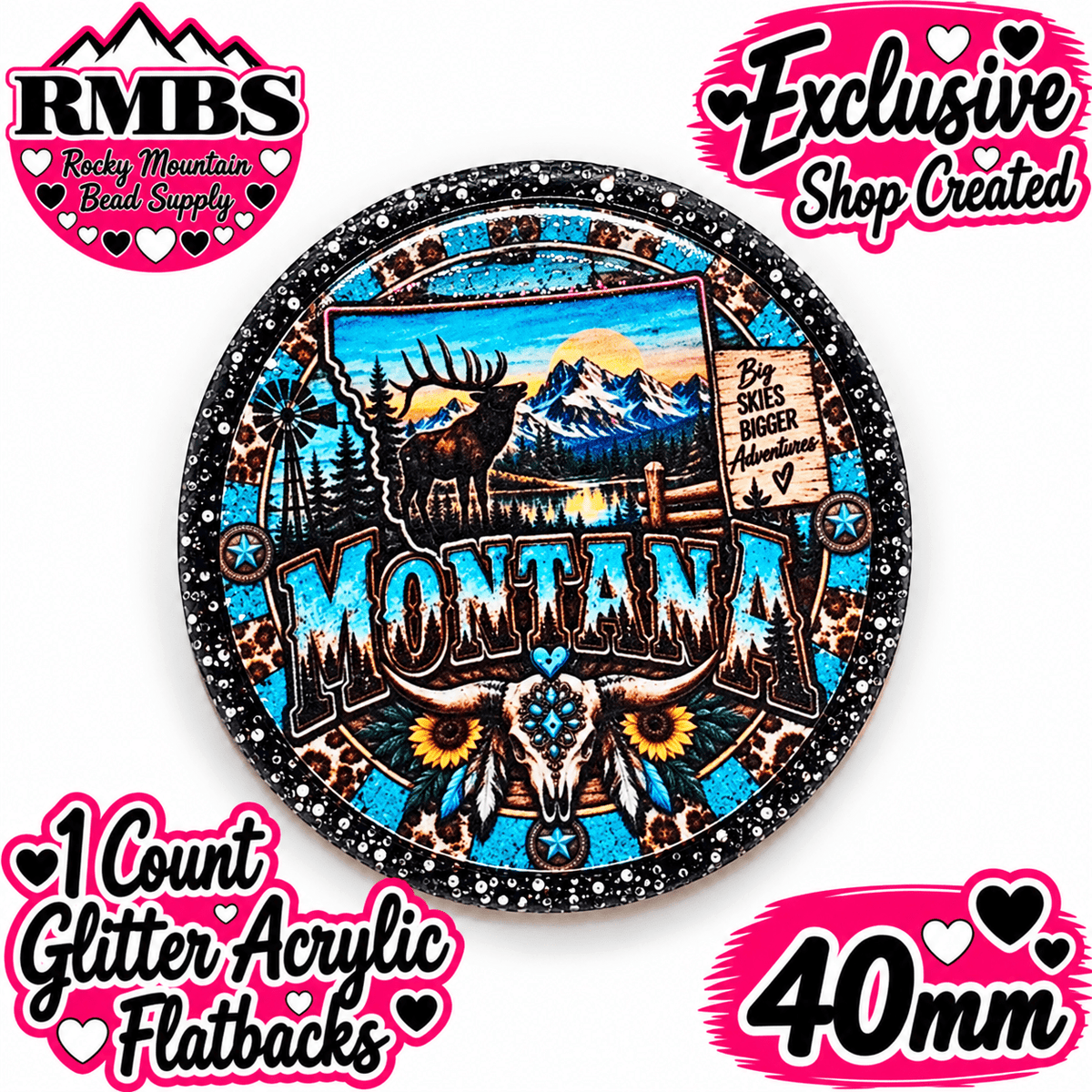 Exclusive 1 Count Custom Exclusive Glitter Acrylic Flatback 40mm STATE MONTANA
