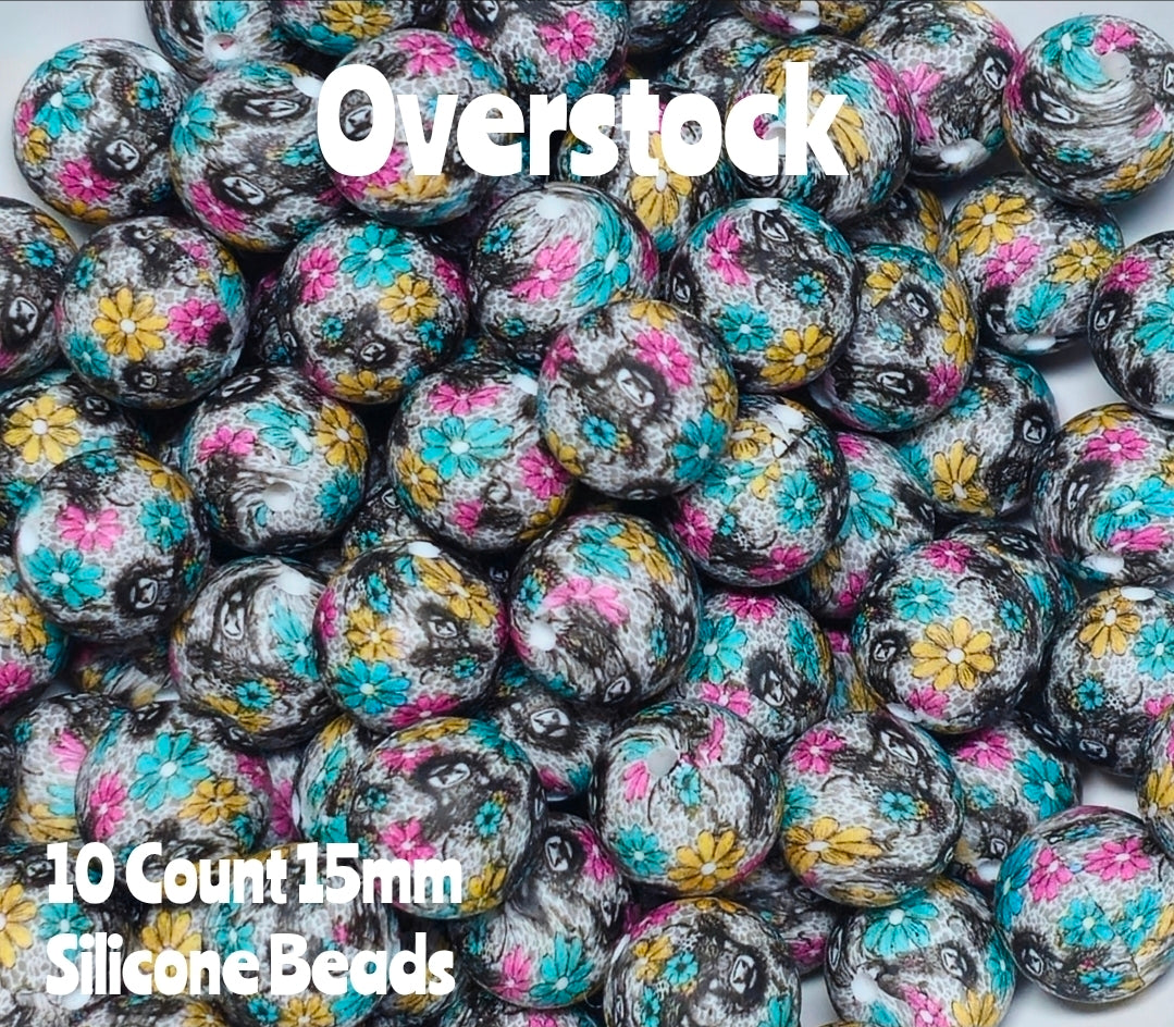 10 Count DIY 15MM Silicone Printed Beads Bead Supplies Cow Blues Makes them around .20 cents each