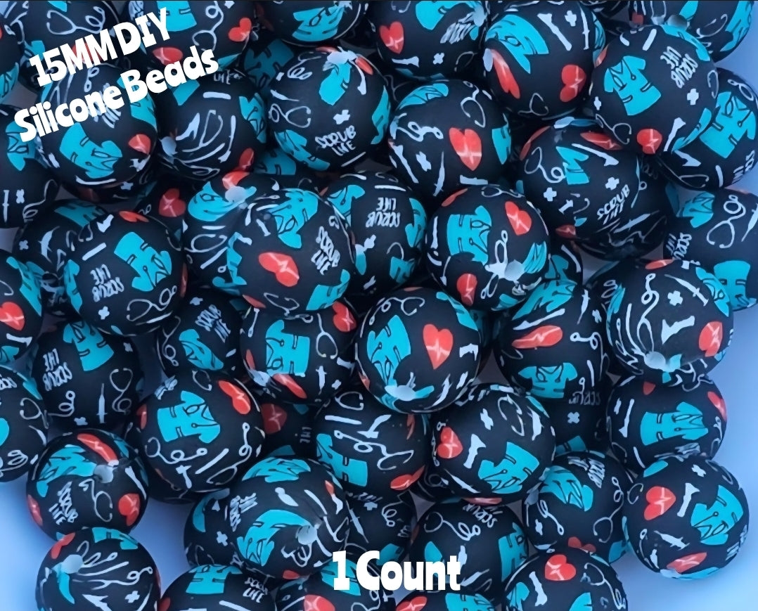 New 1 Count DIY Silicone Beads 15mm printed medical scrub life beadable accessories