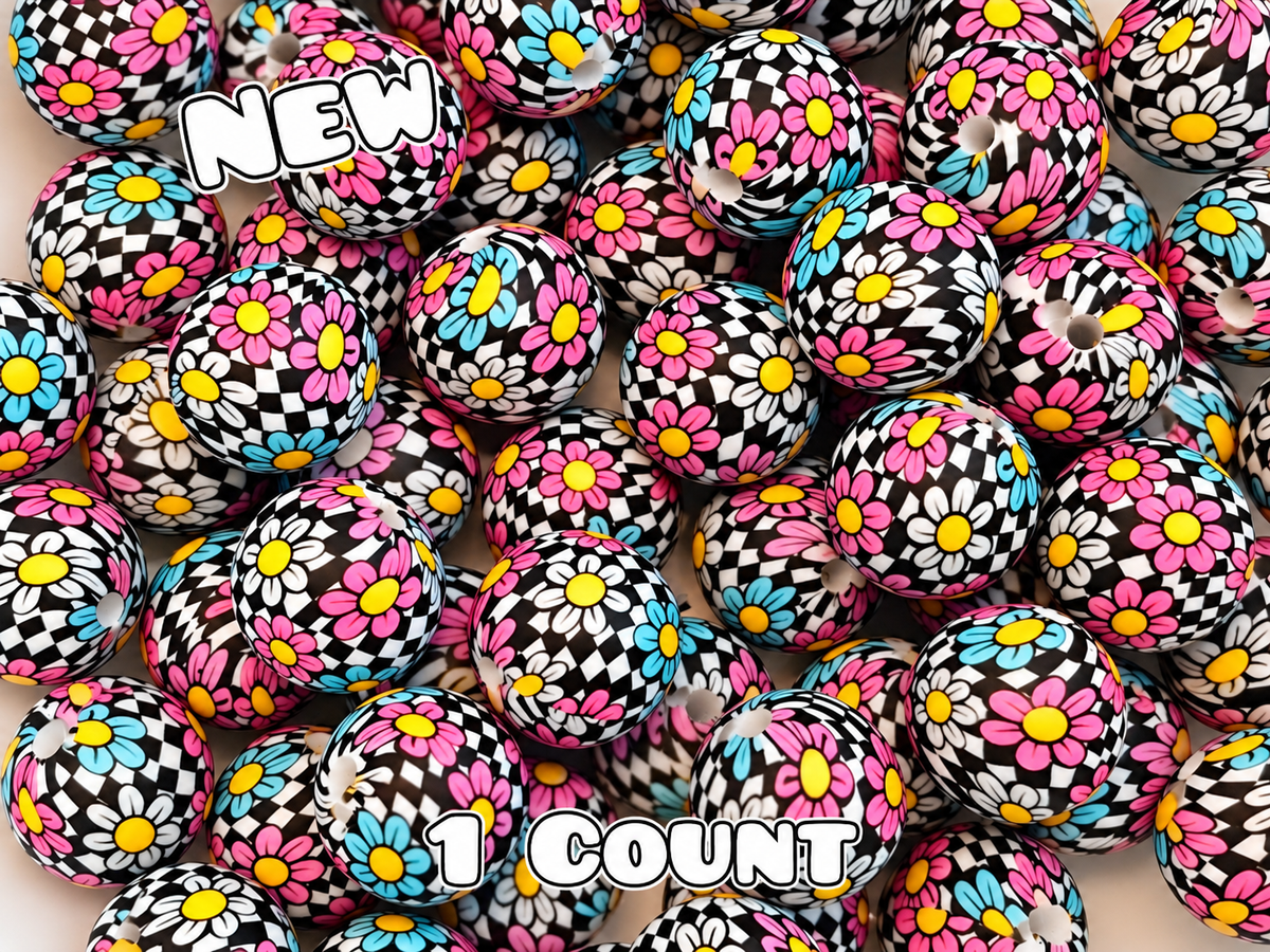 New 1 Count DIY Silicone Beads 15mm printed Floral Checkered