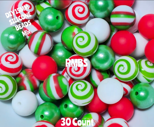 New Christams Theme Swirls Silicone Bead Mix DIY Craft Supplies 30 Count 15mm