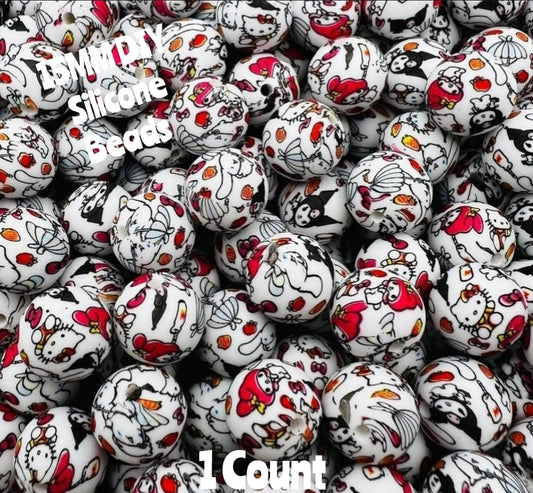 New 1 Count DIY Silicone Beads 15mm printed Character Hello Kitty Beads Beadable Accessories