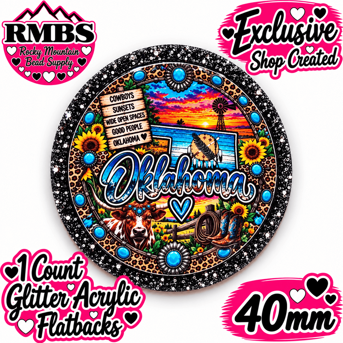 Exclusive 1 Count Custom Exclusive Glitter Acrylic Flatback 40mm STATE OKLAHOMA