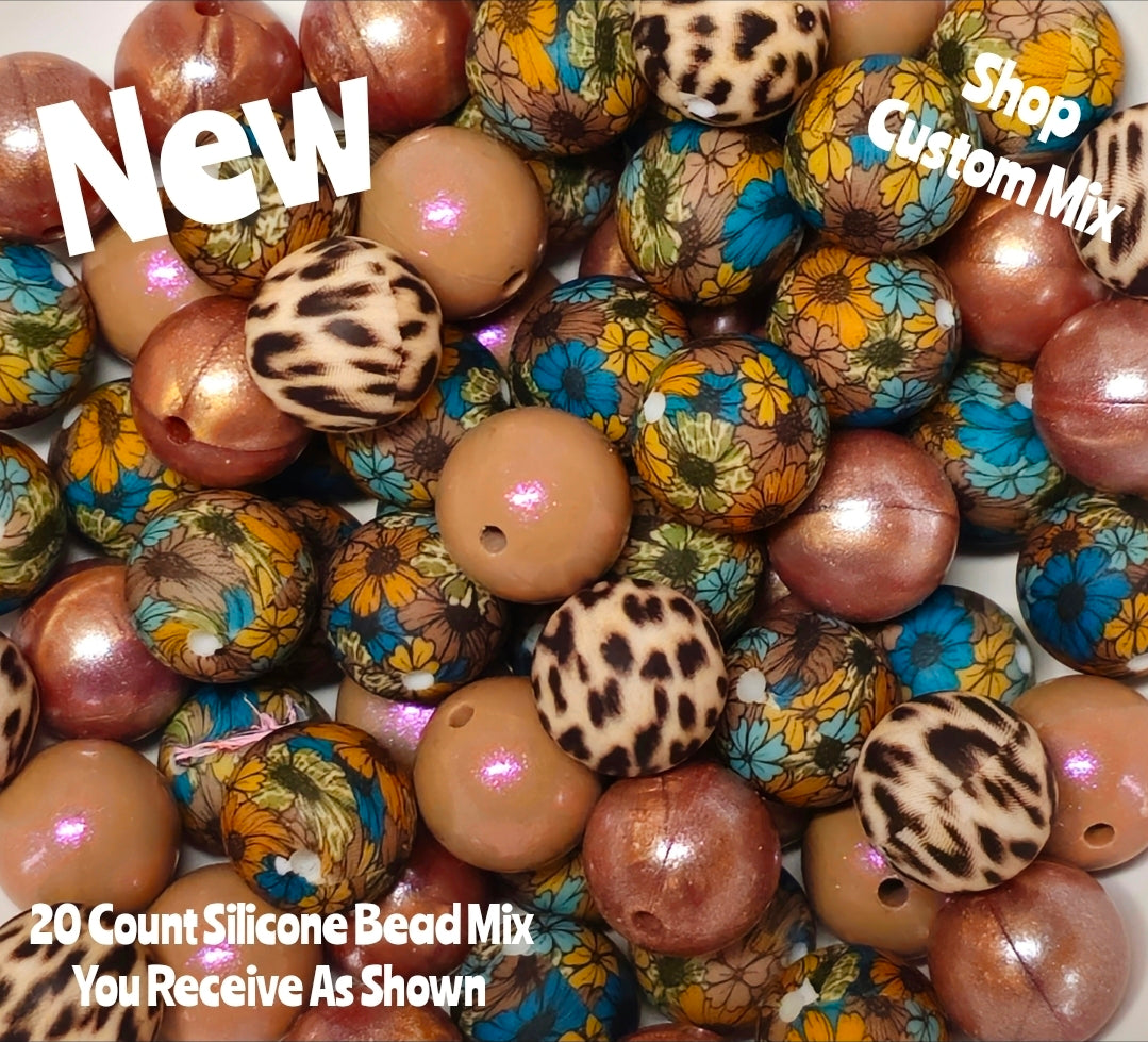 New 15mm Cheetah Fall Flowers SILICONE Bead Mix 20 count. DIY Bead Craft Supplies