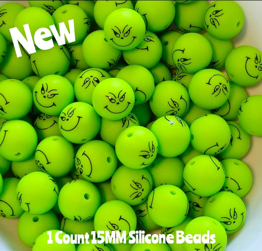 New 1 Count 15mm printed character Grinch silicone bead