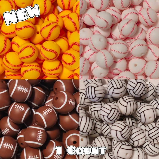 New 1 Count 15mm printed silicone beads Sports. Football- Softball- Baseball- Volleyball