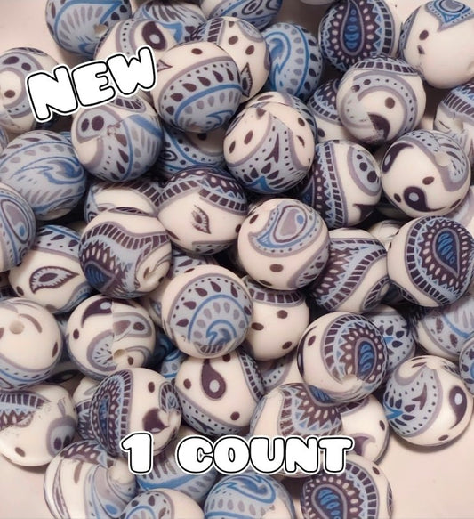New 1 Count 15mm printed silicone beads PASTEL Blue Paisley
