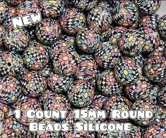 New 1 Count 15mm printed silicone beads CHECKERED FLOWERS