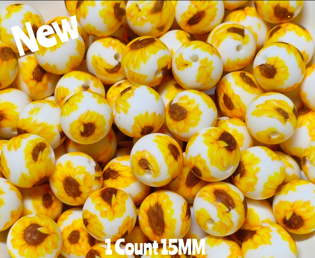 New 1 Count Sunflower Prints 15mm printed Silicone Beads