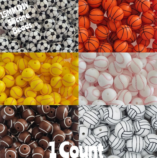 New 1 Count DIY Silicone Beads 15mm printed Sports Beads Beadable Accessories. Basketball Baseball Soccer Ball Volleyball Football Softball